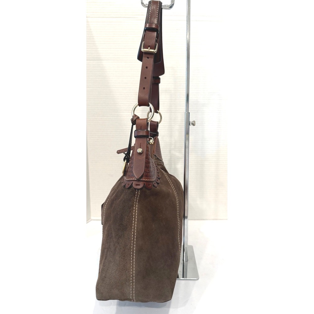Dooney & Bourke Medium Brown  Suede Leather Scalloped Hobo Bag Purse - Picture 3 of 8